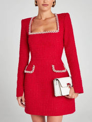Chic U-Neck Long Sleeve Beaded Dress