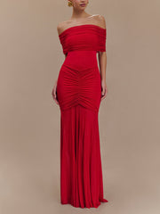 Exquisite Alluring Off-Shoulder Mesh Ruched Bodycon Maxi Dress