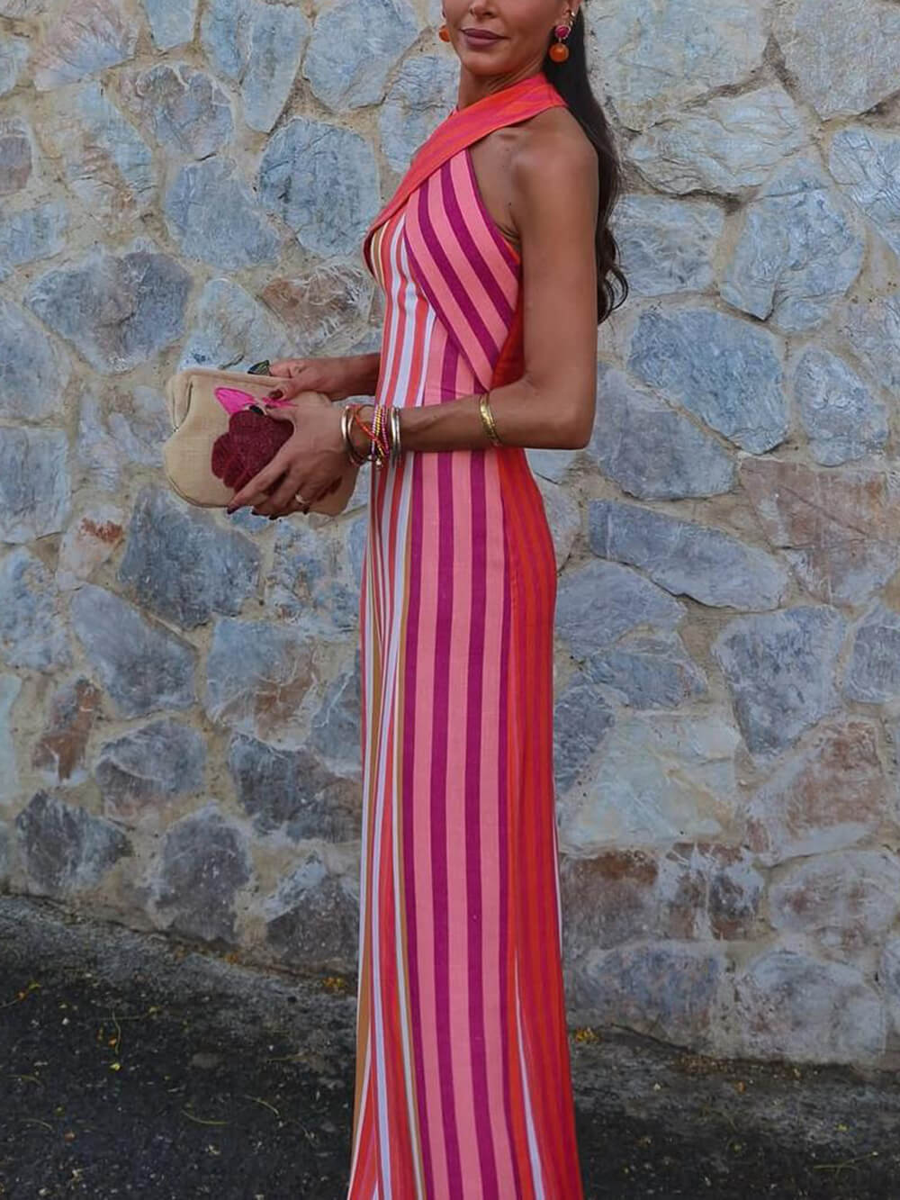 Cross Halter Sleeveless Fitted Striped Maxi Dress