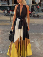 Color-block Tie Back Sexy Flared Maxi Dress