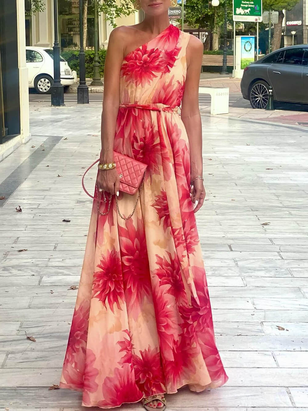 Asymmetric Waist-Cinched Tie-Back Floral Dress