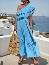 Asymmetrical Neck Ruffle Belted Dress