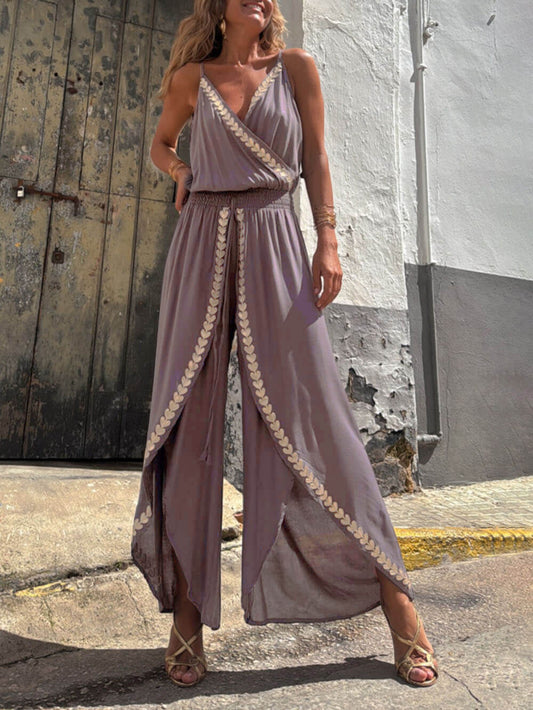Chic Gold Accent Cross-Neck Jumpsuit