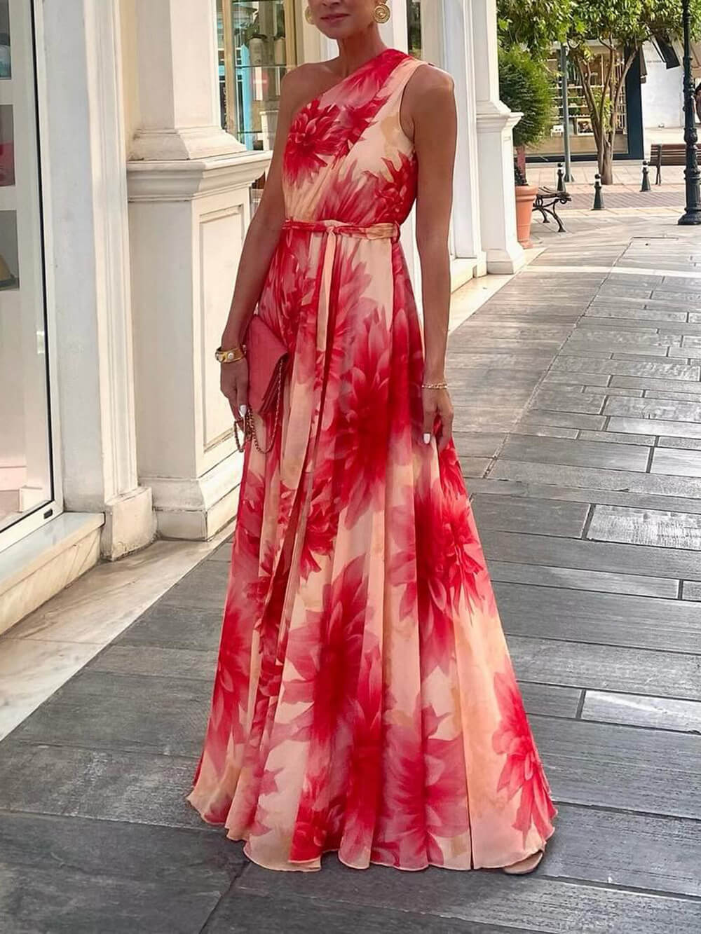 Asymmetric Waist-Cinched Tie-Back Floral Dress