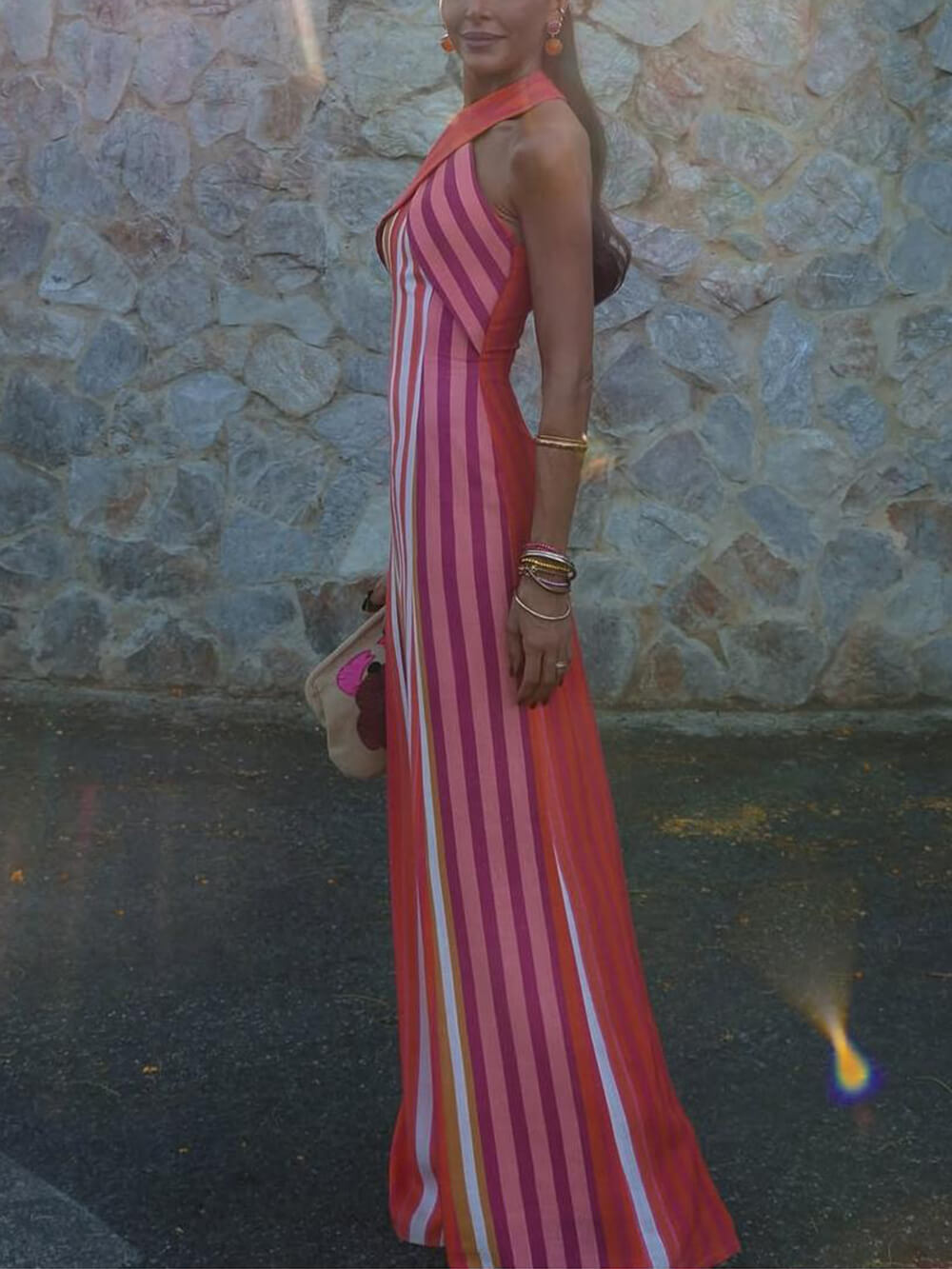 Cross Halter Sleeveless Fitted Striped Maxi Dress