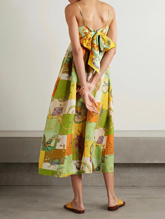 Sleeveless High-Waist Floral Painted Flared Cami Dress