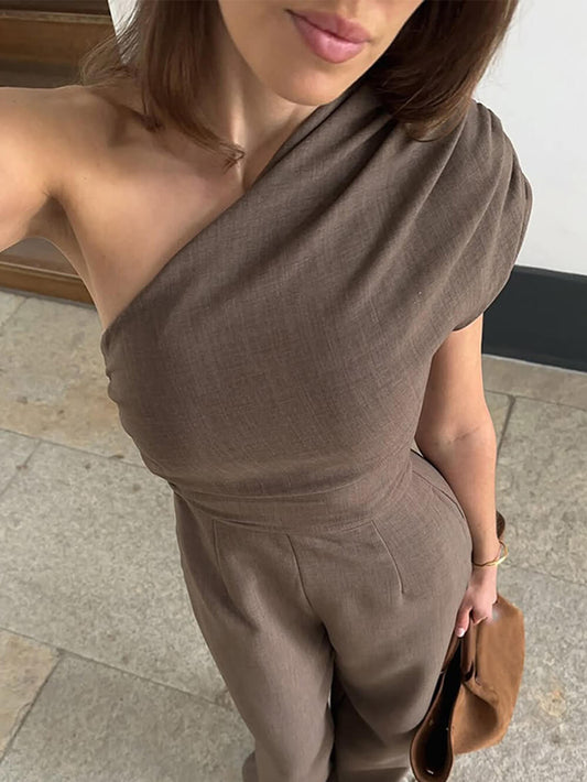 Asymmetrical One-Shoulder Ruched Bodycon Jumpsuit