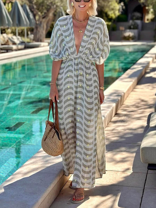 Floral V-Neck Waist-Cinched Maxi Dress