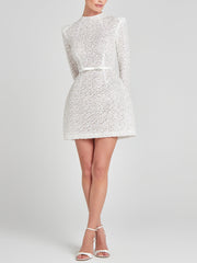 Pearl-Embellished Mesh Bow High-Neck Elegant Mini Dress