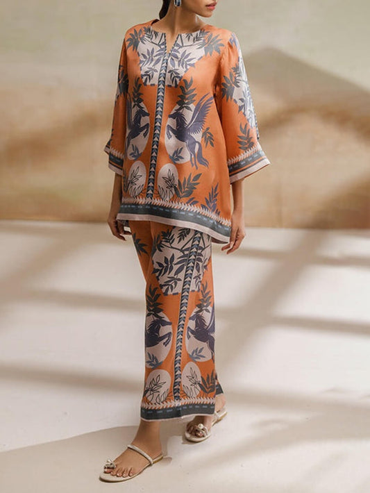 Floral Print Contrast Stitch Wide-Leg Pants