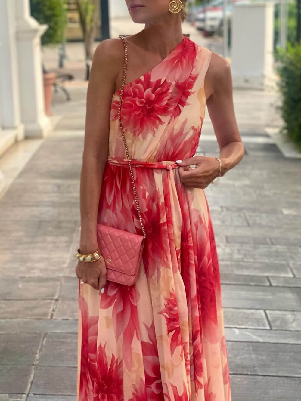 Asymmetric Waist-Cinched Tie-Back Floral Dress
