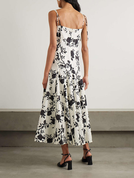Elegant Floral-Print Linen Cotton-Blend Midi Dress