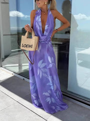 Floral Backless Halter Tie Maxi Dress