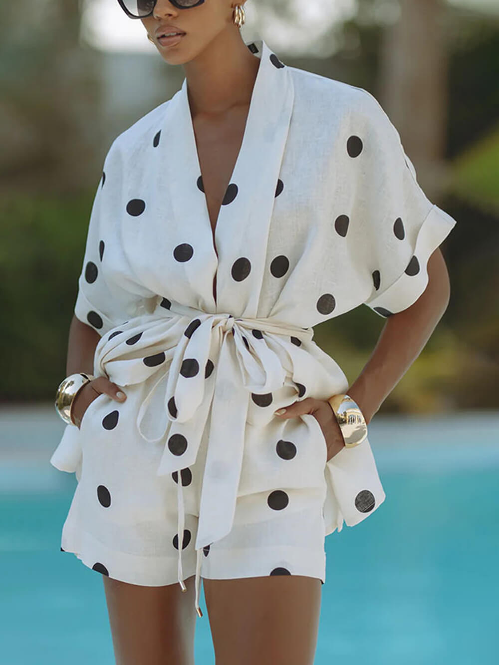 Polka Dot Kimono Top and Shorts Set