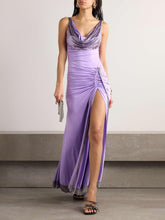Strapless Ruched Slit Satin Dress