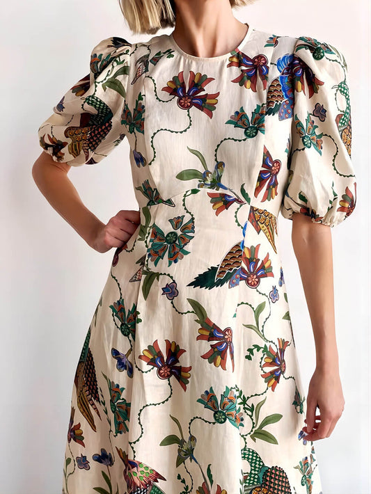 Trendy Bird Print Fitted Dress