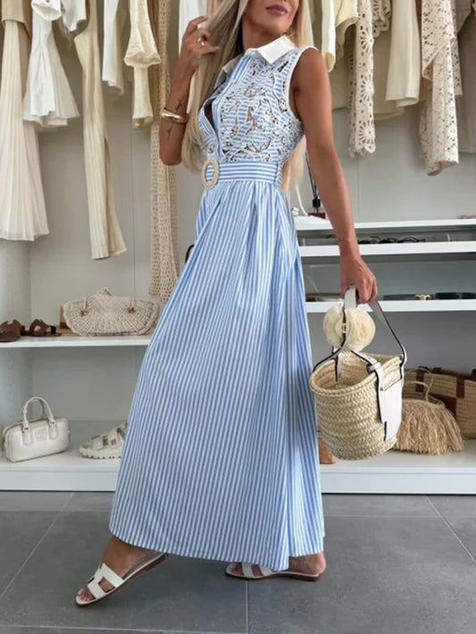 Fashion Collared Lace Hollow Stripe Casual Long Dress