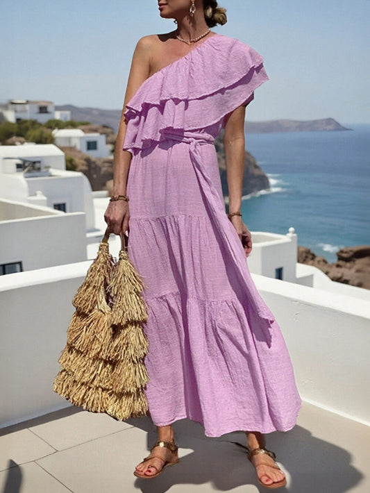 Asymmetrical Neck Ruffle Belted Dress