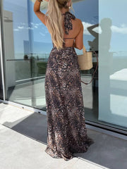 Floral Backless Halter Tie Maxi Dress