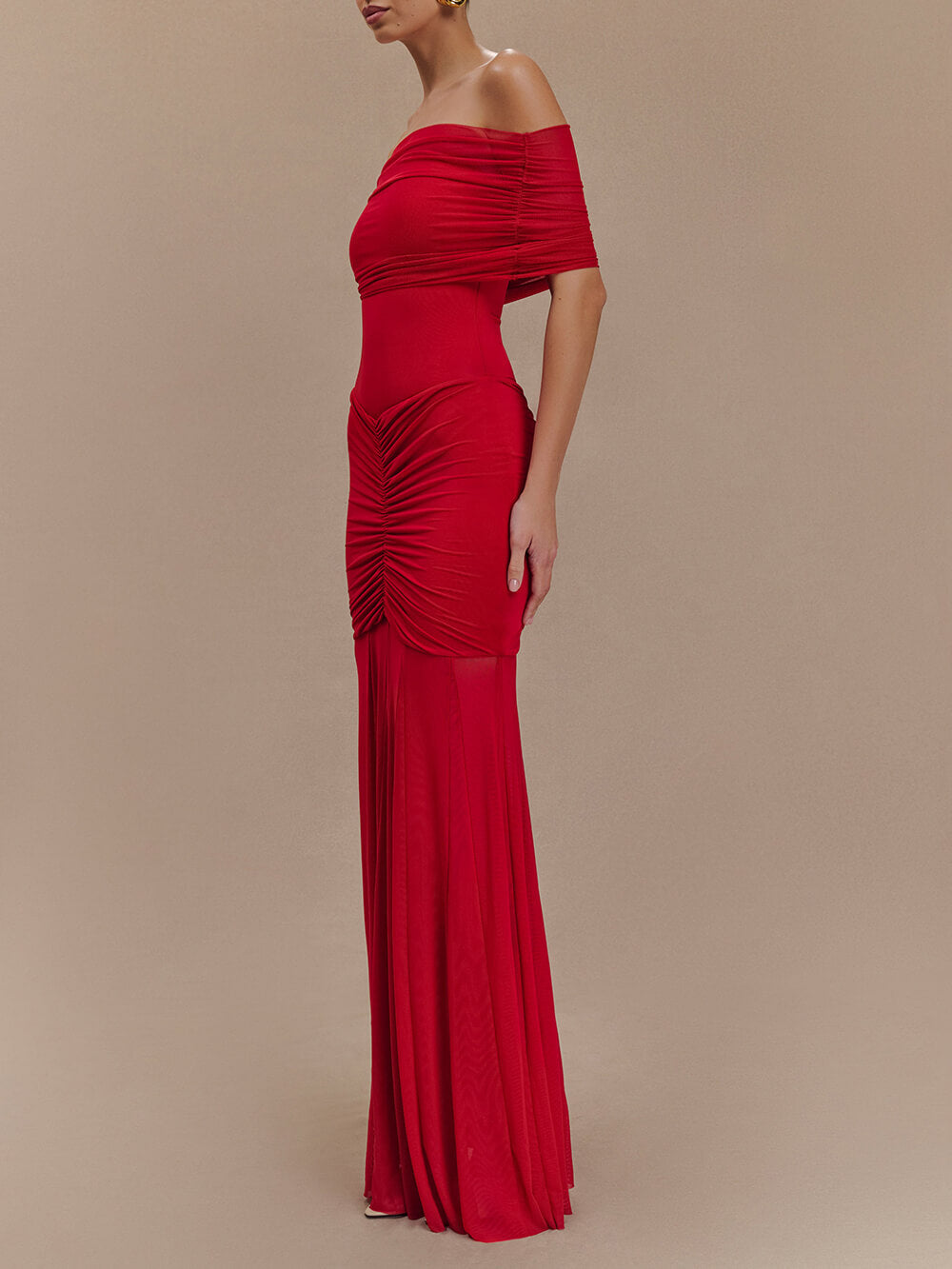 Exquisite Alluring Off-Shoulder Mesh Ruched Bodycon Maxi Dress
