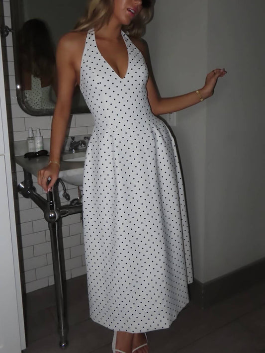 Classic Polka Dot Print Backless Tie Dress
