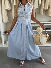 Fashion Collared Lace Hollow Stripe Casual Long Dress