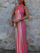 Cross Halter Sleeveless Fitted Striped Maxi Dress