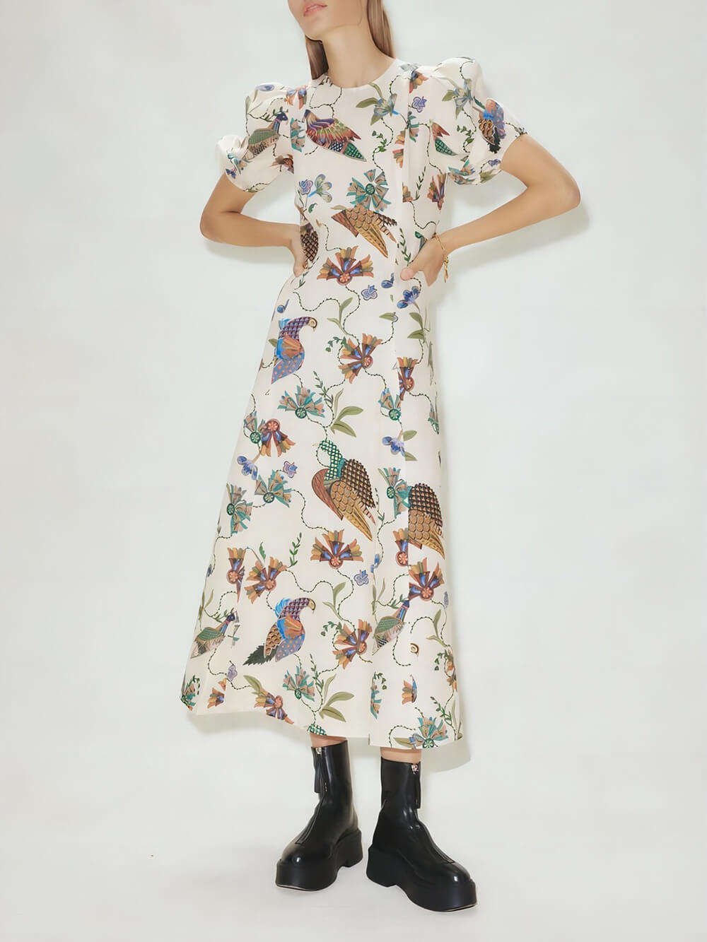 Trendy Bird Print Fitted Dress