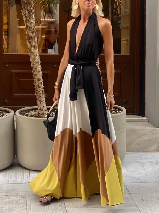 Color-block Tie Back Sexy Flared Maxi Dress