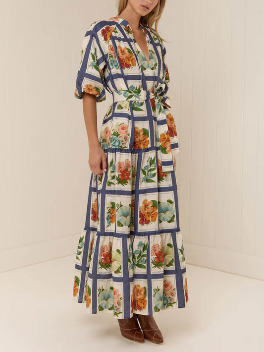 V-Neck Casual Linen Floral Tie Maxi Dress