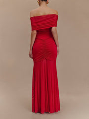 Exquisite Alluring Off-Shoulder Mesh Ruched Bodycon Maxi Dress