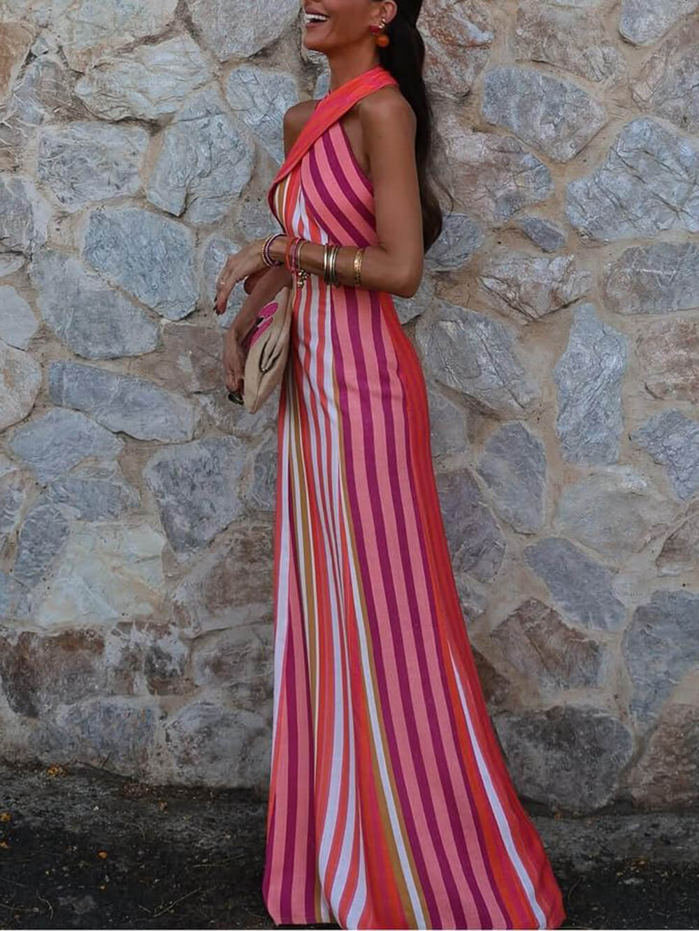 Cross Halter Sleeveless Fitted Striped Maxi Dress