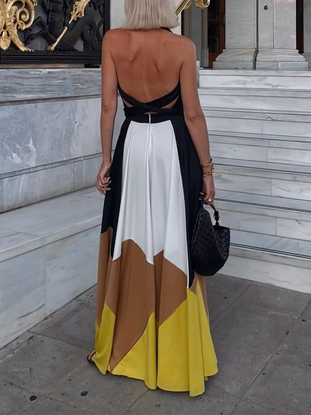Color-block Tie Back Sexy Flared Maxi Dress