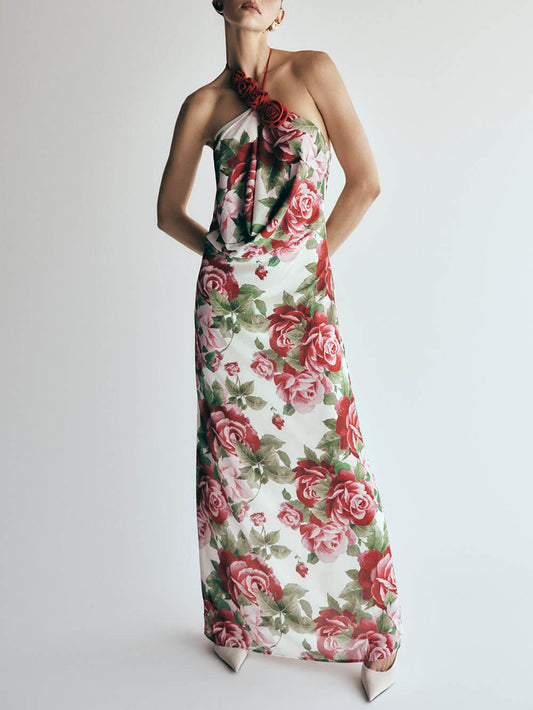 3D Flower Off-Shoulder Floral Maxi Dress