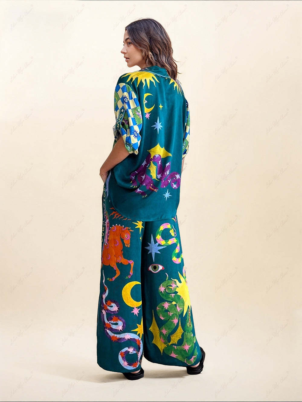 Print Wide Leg Pants Set with Pockets