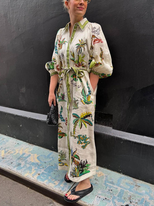 Casual Stand Collar Open-Front Tied Linen Dress