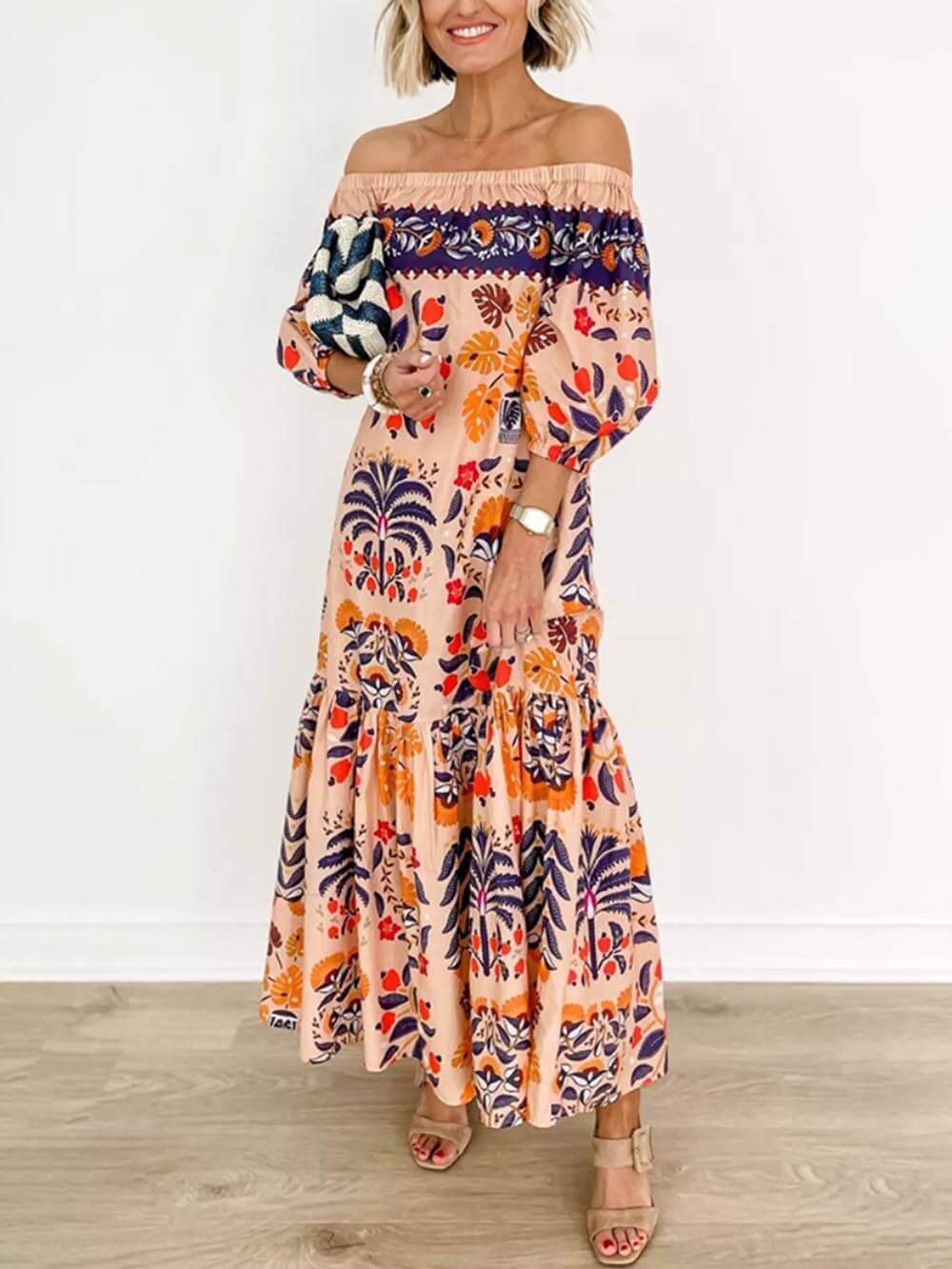 Retro Floral Off-Shoulder Loose Pocket Dress