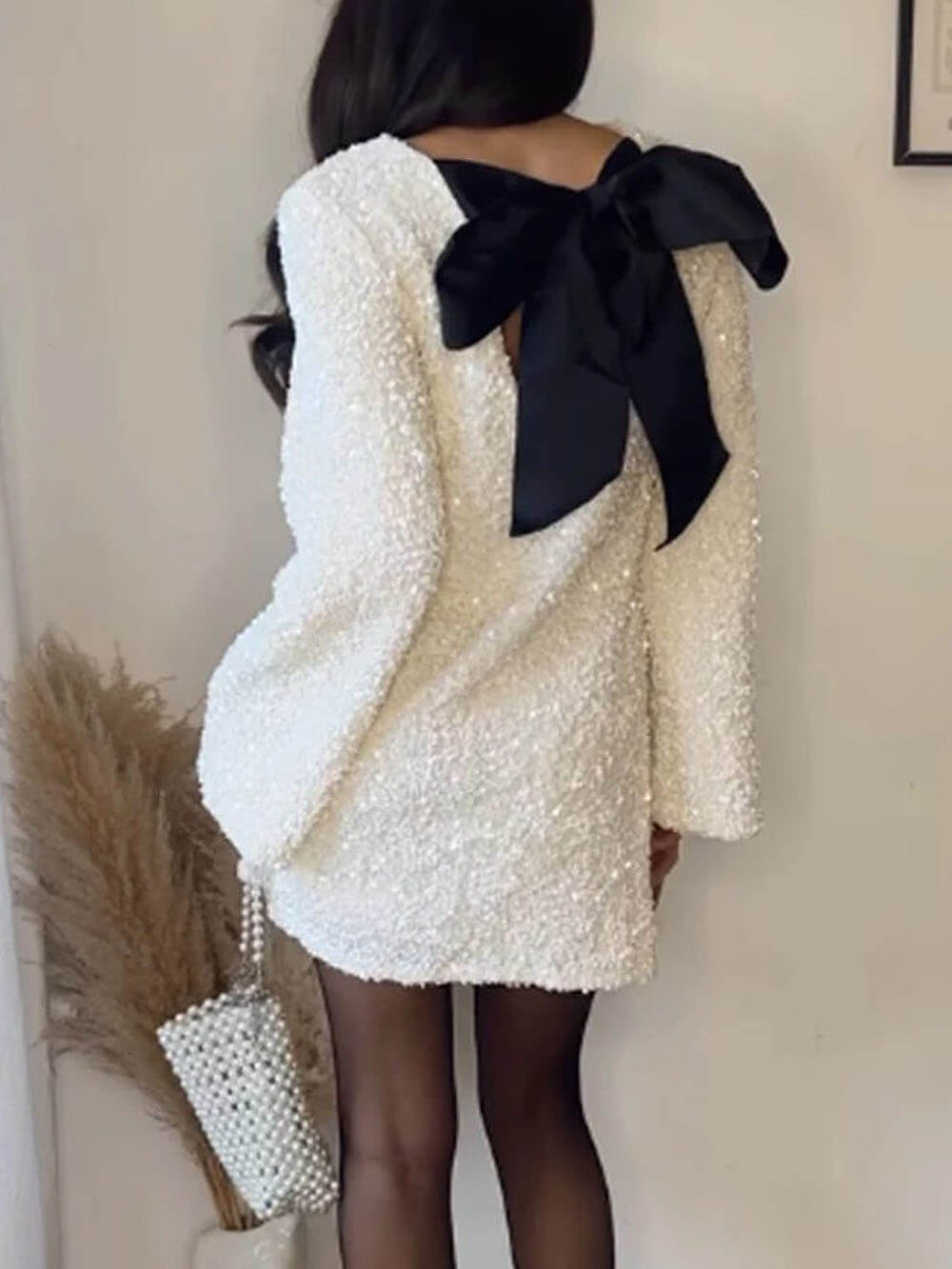 Sequined Open Back Tie Strap Mini Dress
