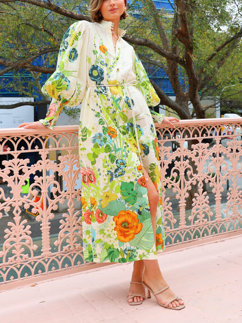 Button-Down Long Lantern Sleeve Graffiti Print Waist-Tied Dress