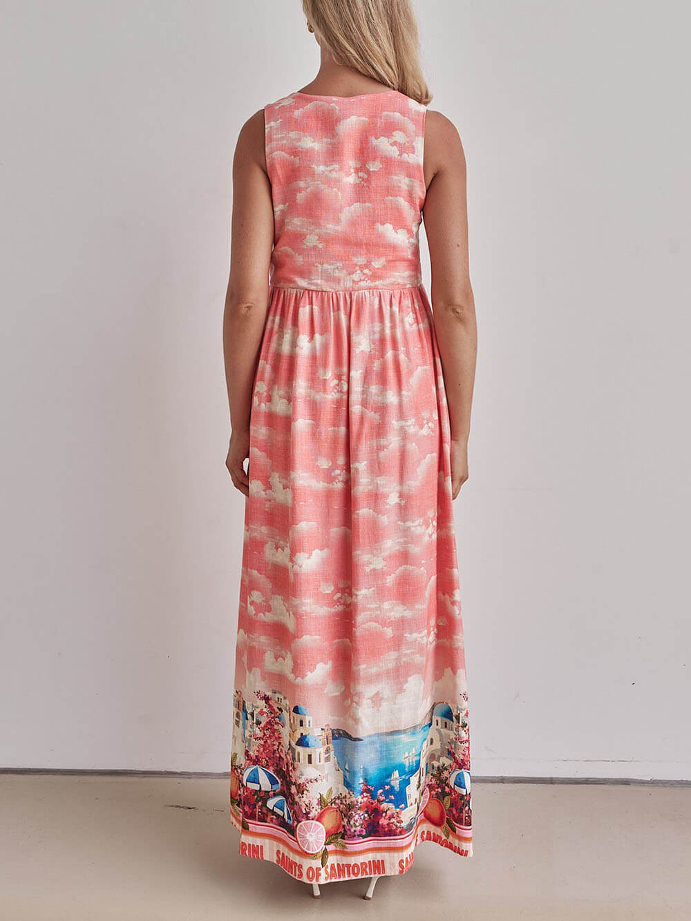 Unique Ink-Print V-Neck Lace-Up Loose A-Line Maxi Dress