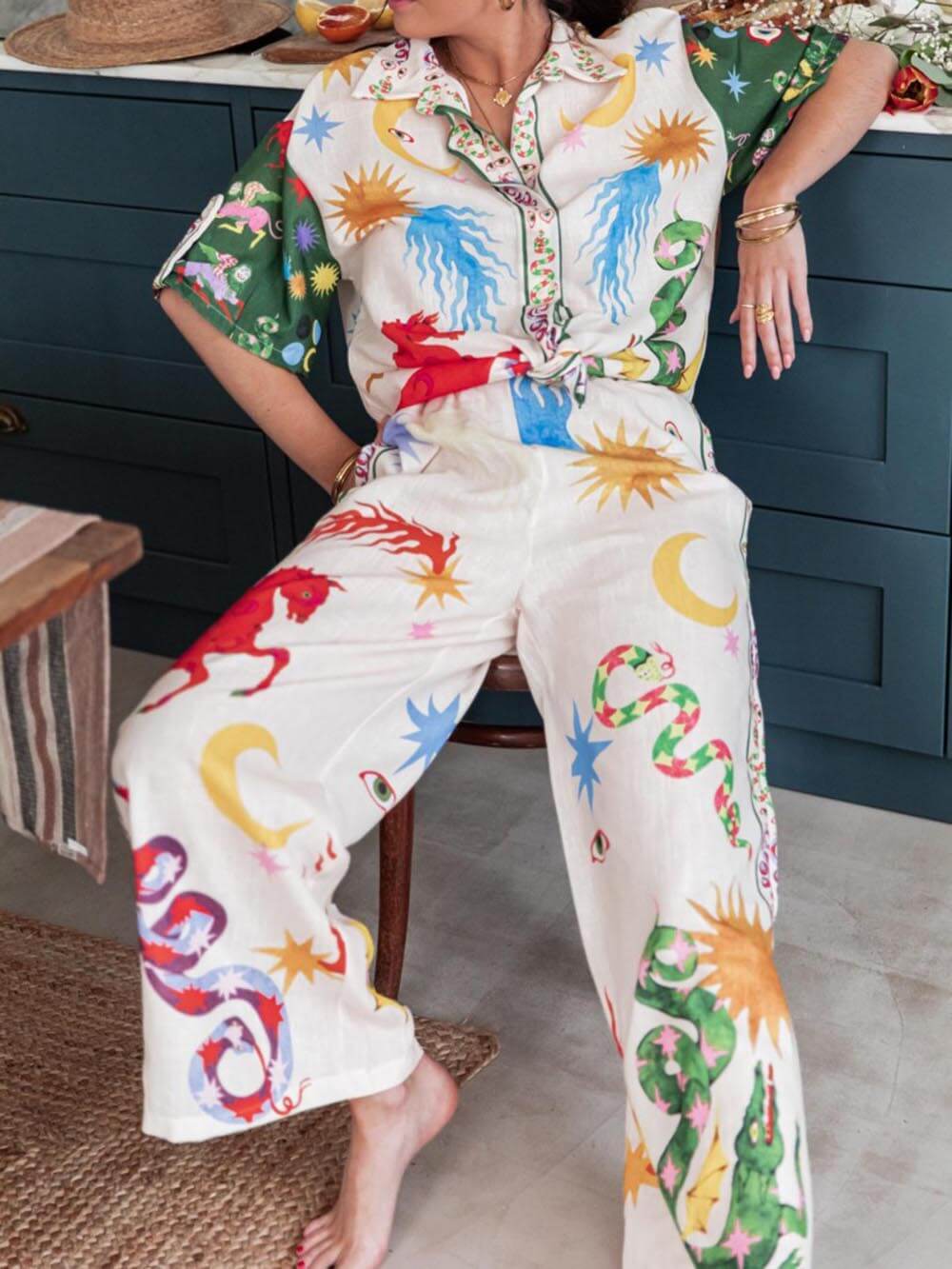 Loose Fit Print Shirt with Elastic Waist Pants