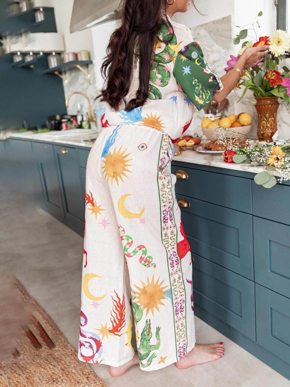 Loose Fit Print Shirt with Elastic Waist Pants