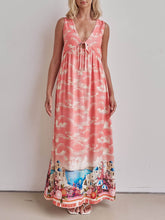Unique Ink-Print V-Neck Lace-Up Loose A-Line Maxi Dress