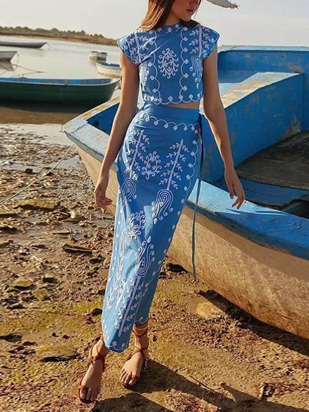 Tie Up Ethnic Crop Top with Midi Skirt