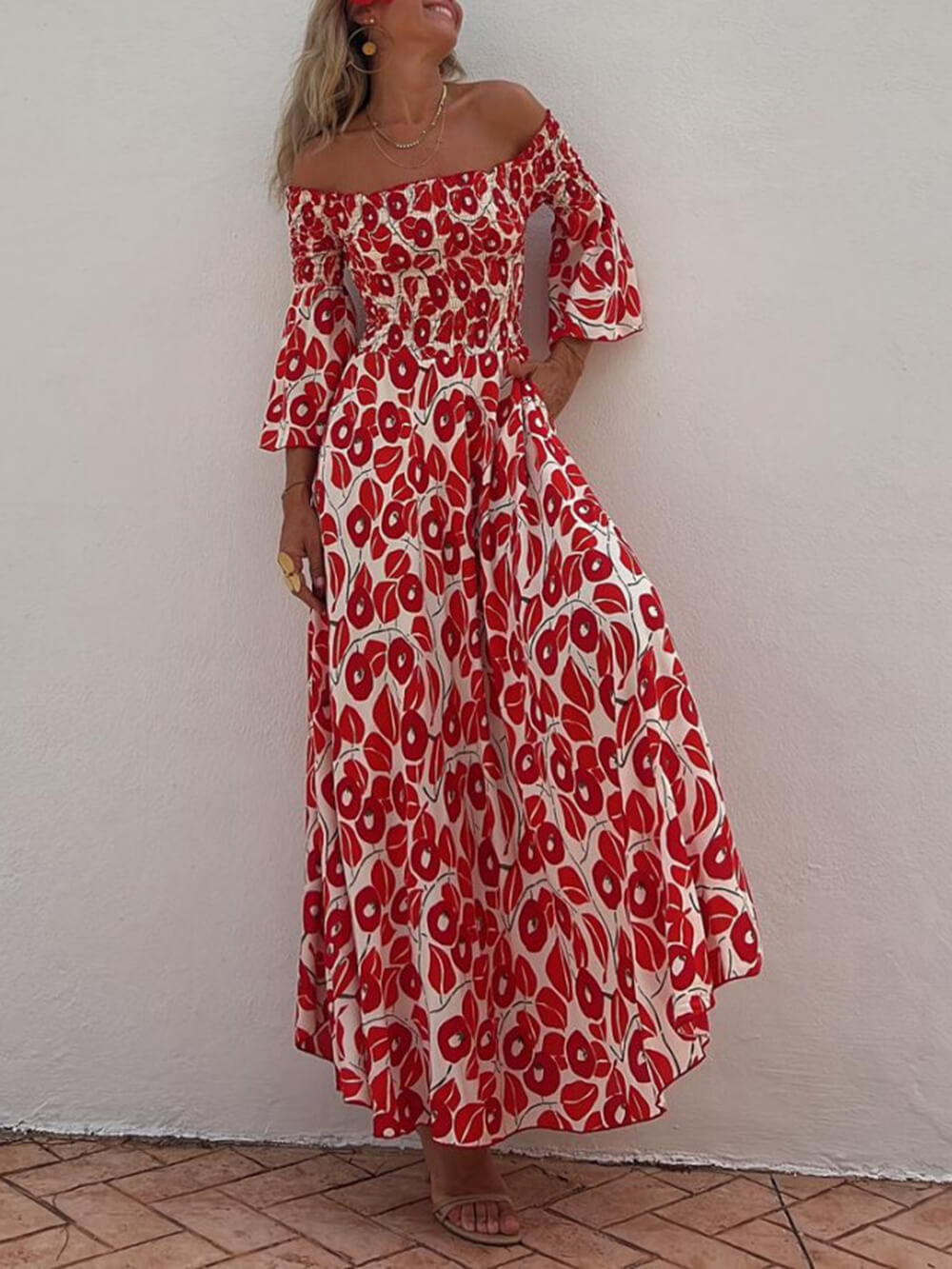Elegant Floral Print Ruched Off-Shoulder Pocket Dress