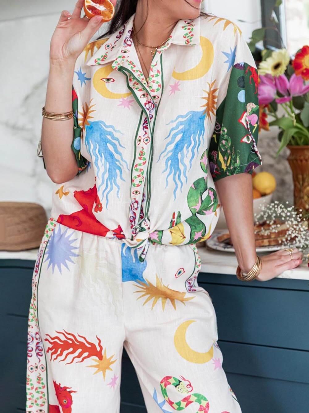 Loose Fit Print Shirt with Elastic Waist Pants