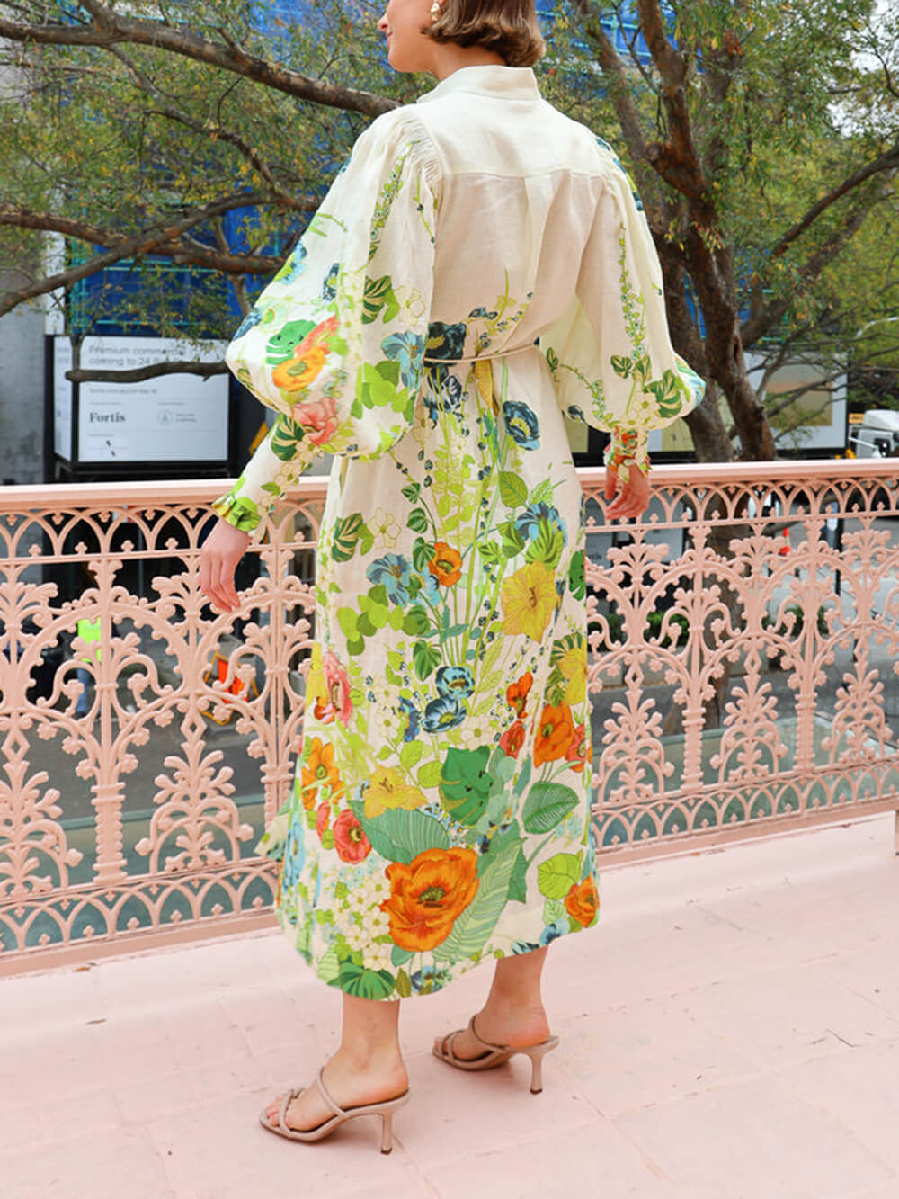 Button-Down Long Lantern Sleeve Graffiti Print Waist-Tied Dress