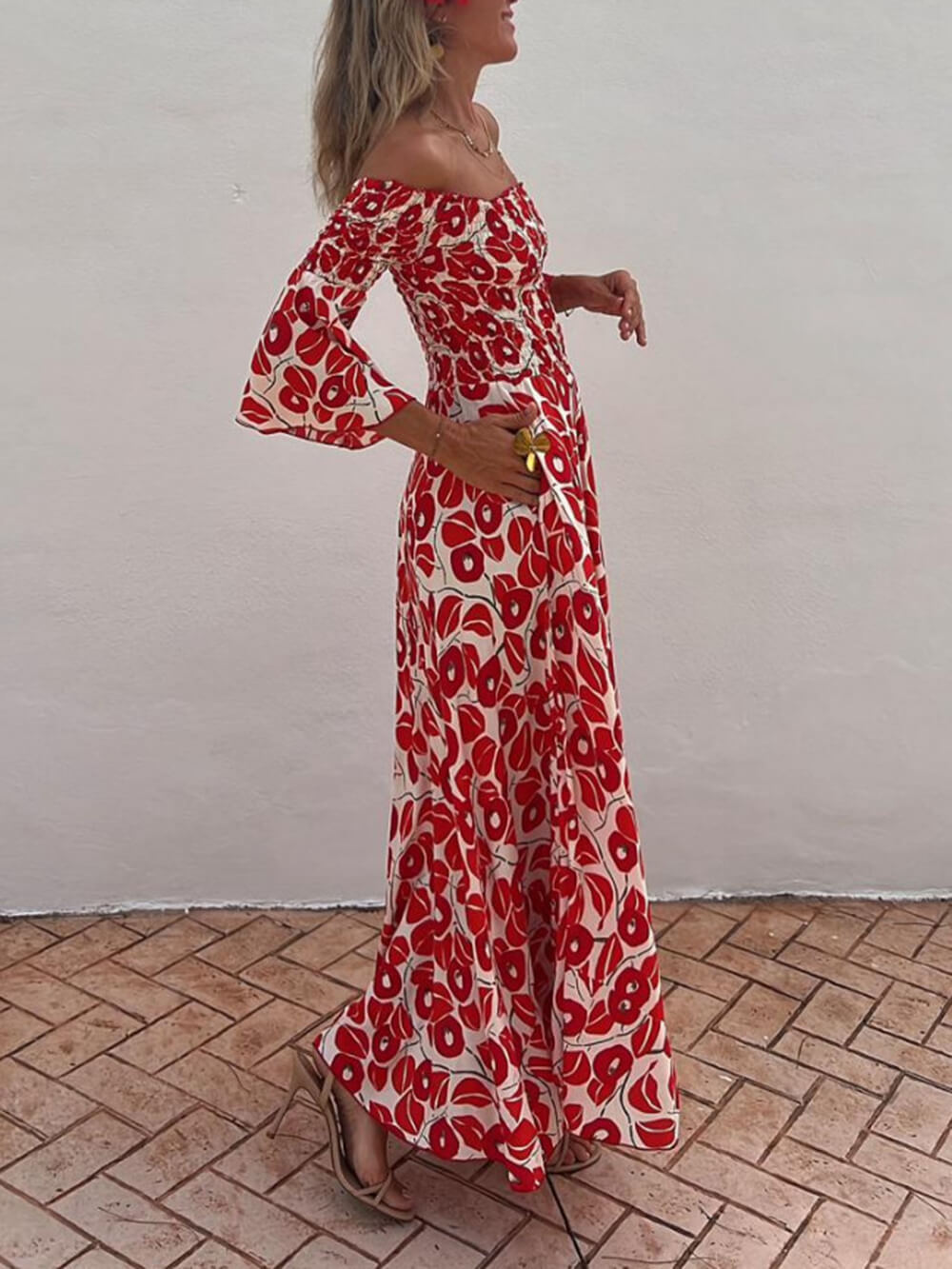 Elegant Floral Print Ruched Off-Shoulder Pocket Dress