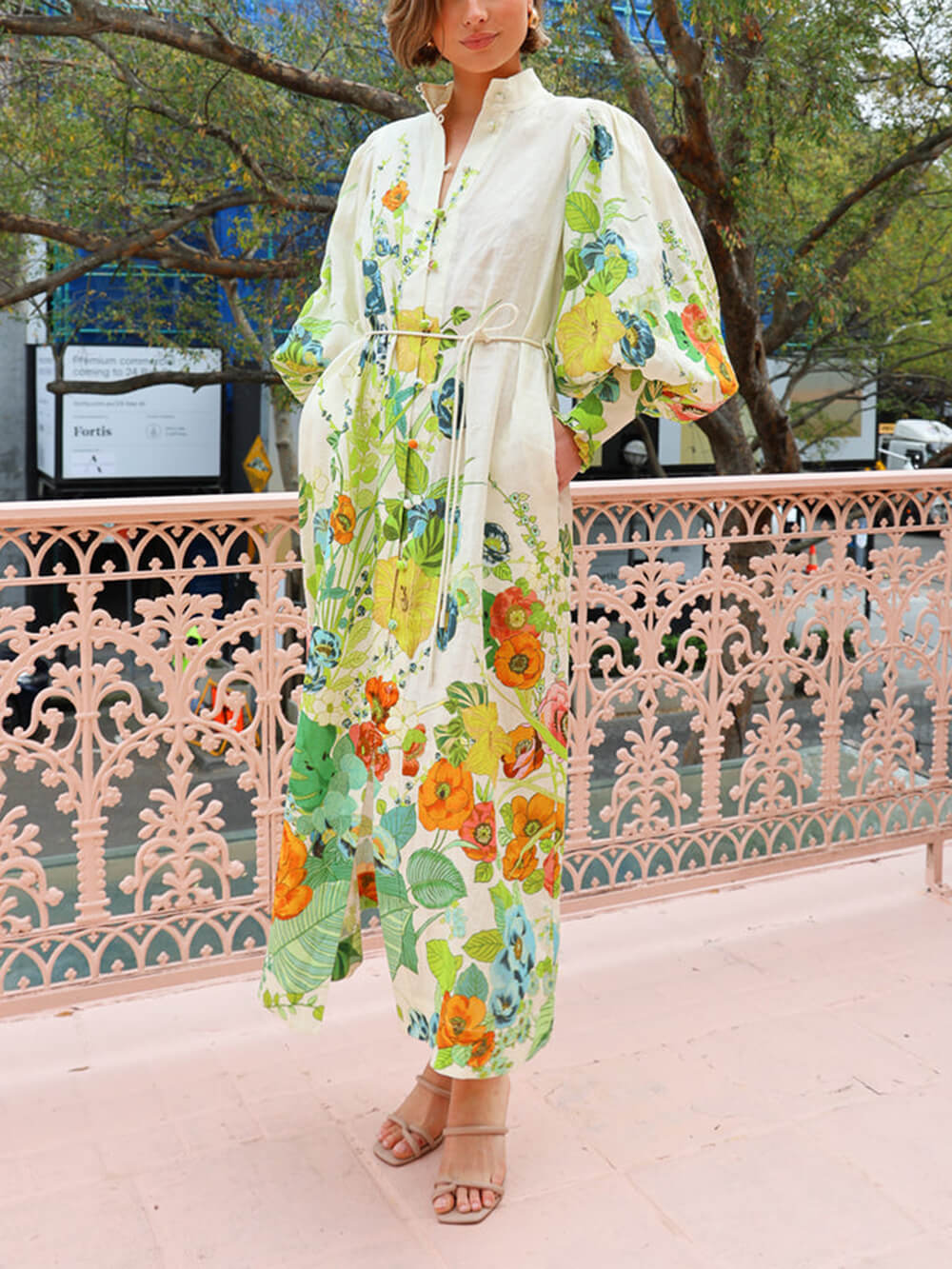 Button-Down Long Lantern Sleeve Graffiti Print Waist-Tied Dress