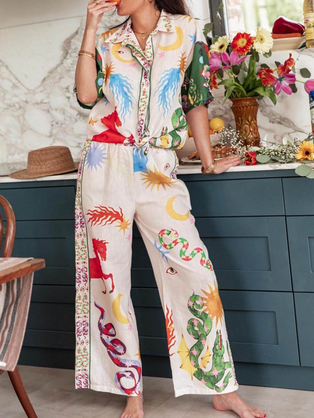 Loose Fit Print Shirt with Elastic Waist Pants